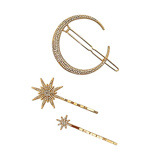 3 Pcs Stars Moon Hair Clips Metal Rhinestone Hair Pin For Wedding Bridal Shower Hair Accessories For Women Ladies Thick Hairstyle Dainty Accessories Headwear(Star And Moon) #TOP18