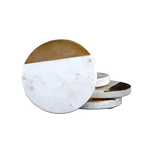 Cartbug White Marble Round Brass Design Coasters Resistance Protect Surfaces Great Classical Gift for Any Occasion Carved Collectible Enhance Decor...