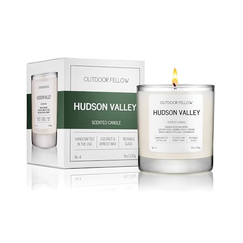 Outdoor Fellow Hudson Valley Scented Candle, 8oz, Coconut & Apricot Wax Blend, Orange Blossom, Jasmine, Patchouli, Reusable Glass, 40-50 Hour Burn Time