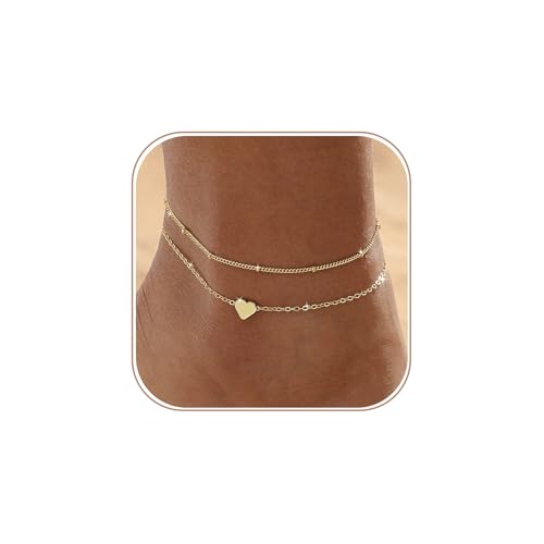 Hergory Ankle Bracelets for Women,Dainty 14k Gold/Silver Plated Anklets | Waterproof Cuban Link Heart Beads Layered Ankle Bracelet Set Summer Beach Jewelry for Women Gold Jewelry Non Tarnish Gifts