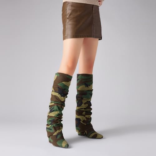 Fold Over Boots for Women Slouched Wedge Heels Knee High Pointed Toe4