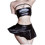 OLYOLY【2点セット】セクシー コスプレ 下着 ミニスカート ビキニ 過激 ボディコン レザー レースクイーン 制服 ミニスカポリス (01 黒)