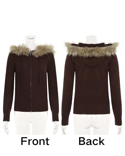 CORIRESHA Women's Vintage Faux Fur Trim Hoodie Sweater Zip Up Cable Knit Slim Y2k Cardigan4