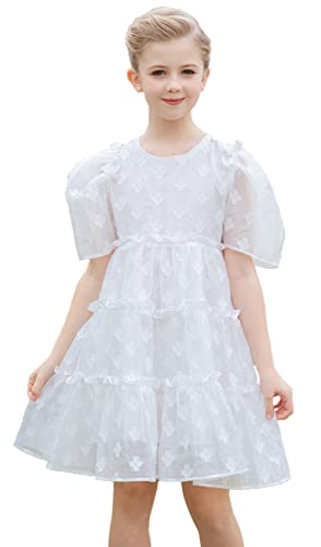 Smiling Pinker Girls Princess Party Dress Tiered Flower Puff Sleeve Ruffle Babydoll A-Line Organza Dress Bow(White,4-5 Years) #TOP14