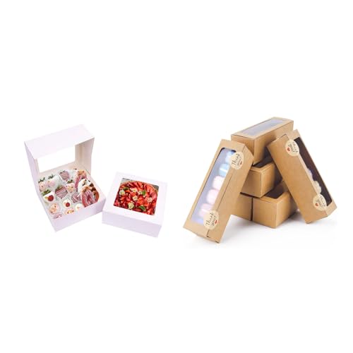NPLUX Bundle of White Bakery Boxes and Brown Macaron Boxes for Pie Cake Cupcake Cookie Macaron Breakable Heart
