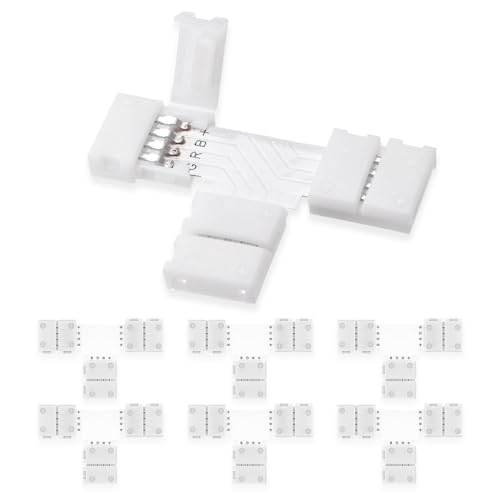 UBRAVE LED Strip Connector, 6 stuks 4 Pin 10mm LED Light Conner Connector, LED Strip Light Connector, 10 mm LED Stripe connector adapter, voor 5050/3528 Multi-color LED Strip zonder solderen, T-vorm