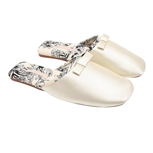 LEIYTFE Fashion Satin Chinese Styles Slippers for Women,Cotton Slippers with Printed Cloth Lining Flat House Shoes Bedroom Slippers Closed Toe Outdoor Indoor(Beige,EUR36/37)