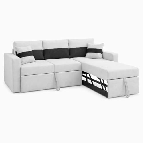 Image of FURNY Soria 4 Seater RHS Lounger Sofa Cum Bed (Light Gray - Black) with Pull-Out Function | Luxury Velvet Suede Finish | Durable Comfort | Ideal for Living Room