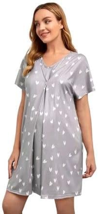 Maternity & Nursing Hospital Nightgown, Grey and White Hearts Print, Short Sleeves, Viscose, Relaxed Fit, Breastfeeding Access (Large)