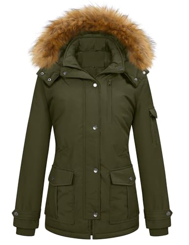 heekpek Abrigo Mujer Invierno Parka Impermeable Cortaviento Abrigo de Invierno Cálido Chaqueta Larga Mujer con Capucha Desmontable y Múltiples Bolsillos, Verde militar, L