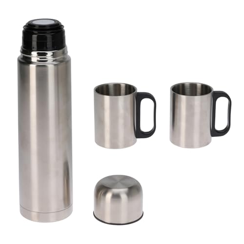 Lot de 2 pichets isothermes en acier inoxydable de 1 litre + 2 tasses à café isothermes – Double paroi, isolées sous vide, anti-gouttes, idéales pour le café, le thé ou les soupes