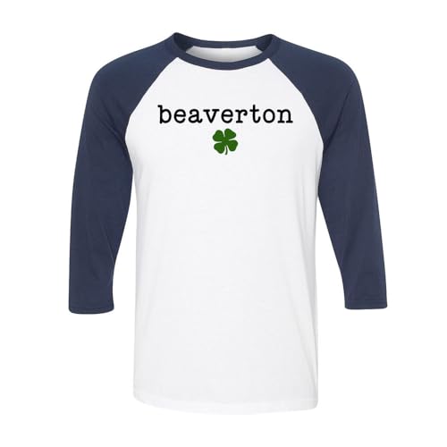 TeesAndTankYou Beaverton Shamrock Three-Quarter Raglan Sleeve Baseball Shirt Unisex Medium White/Navy
