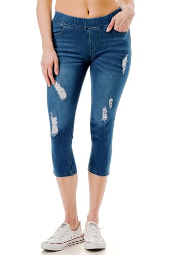Women's Capri Jeans Skinny Jeggings Ripped Distressed Pull-On Denim Capris Pockets Pants Regular & Plus Size