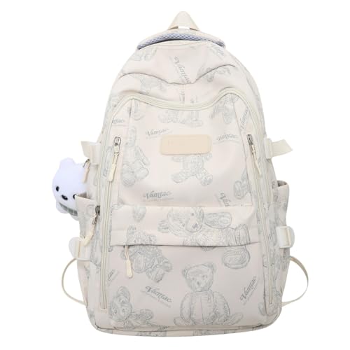 Cute Aesthetic Backpack Kawaii Bear Backpack with Cute Pendant Casual Daypack Travel Bookbag Large Capacity (White)