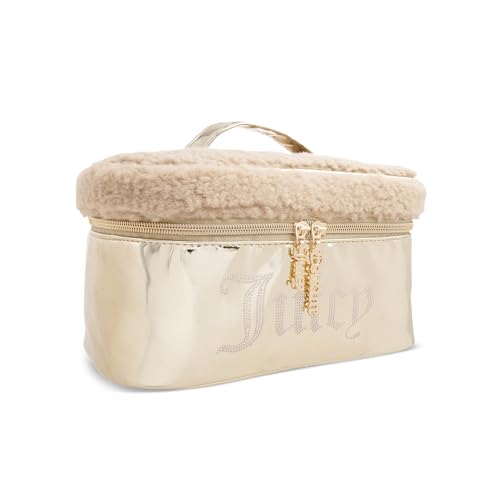 Juicy Couture Gold Makeup Bag Cosmetics Organizer Travel Essentials Train Case Shiny Rhinestones Faux Shearling2