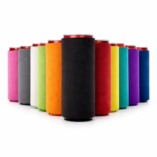 Sleeves 12 Pack&ndash; Blank Foldable Neoprene 12oz Can Insulators &ndash; Skinny Beverage Coolers For Beer & Soda &ndash; Sublimation-ready (assorted)