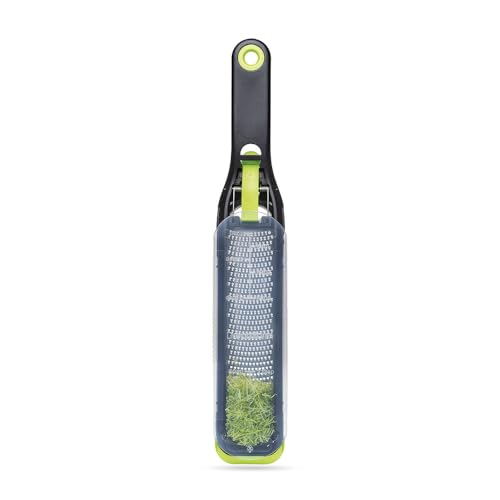 Dreamfarm Ozest Self-Cleaning POP-Button Zester for Fine, Fluffy Citrus Zest, Cheese, Nut, & Spices with Non-Slip Silicone Foot - 1mm Zester, Black/Green