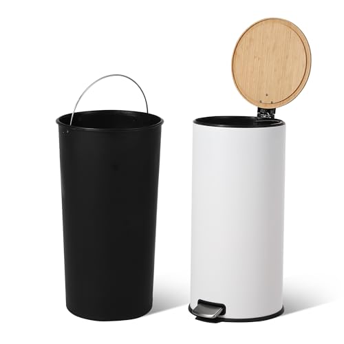 GarveeHome 8 Gallon Step Trash Can with Soft-Close Bamboo Lid, Stainless Steel Garbage Can with Removable Inner Bucket, 30L Round Trash Bin, Perfect f