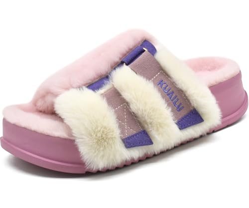 KuaiLu Womens Fuzzy Platform Open Toe Slipper with Arch Support Fluffy Furry Slides Orthotic Faux Rabbit Fur Sandal Ajustable House Shoes Indoor Outdoor Pink Size 8