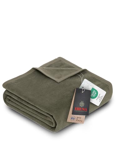 Ibena Porto Decke 150x200 cm – Baumwollmix weich, warm & waschbar, Kuscheldecke Oliv einfarbig