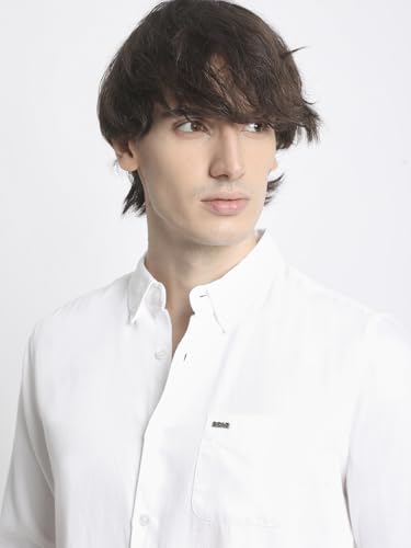 Image of The Bear House Men Classic White Solid Slim Fit Casual Shirt