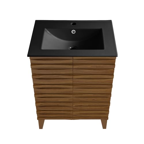 Image of Swiss Madison Cascade 24 in. Brown Oak Bathroom Vanity with Black Ceramic Sink Top
