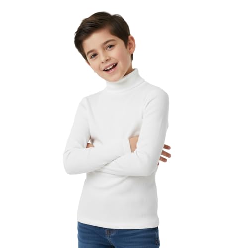 Image of HUBIBUBI Kids Unisex Rib Polo Neck Top for Girls and Boys, Soft Stretchy Long Sleeve Turtle Neck Shirt for Winter Layering, Sizes 5/6 7/8 9/10 11/12 13 (UK, Age, 5 Years, 6 Years, Cream)