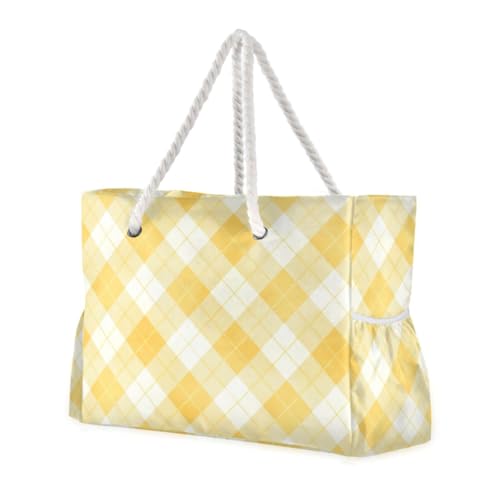 JUNZAN Gingham Butter Yellow Beach Tote Bag with Handles Swim Pool Bag Beach Totes Bags for Women with Waterproof Pockets
