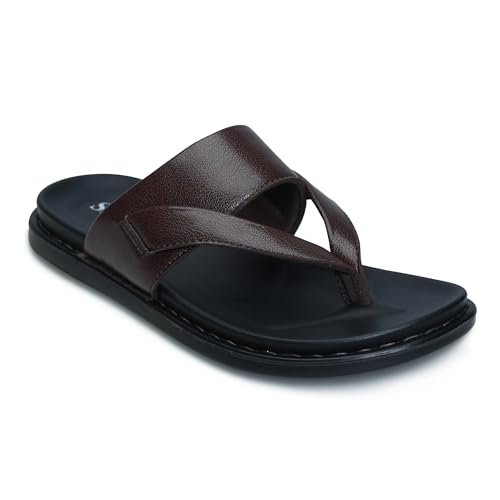 Image of Men's Solid Casual Flat Slipper, Faux Leather Slip-on V-Strap Fashion Slipper For Men