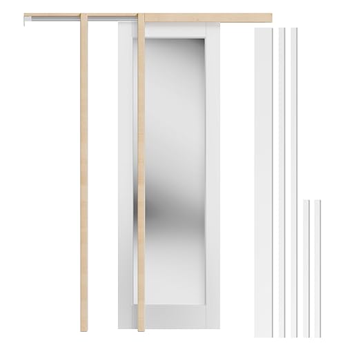 Image of Interior Pocket Door, 1-Lite Mirror Pantry Door Panel with Frame and Hardware Kit Set Plus Door Jamb, 32 inch x 80 inch Single Mirror Closet Door Slab for Sliding Door, No Panel Assembly Required