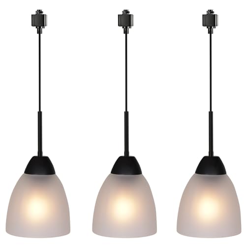 VINLUZ 3-Pack H-Type Classic Track Pendant Lighting with Frosted White Glass Shade,Metal Black Finish Kitchen Island Lighting Fixtures for Dining Room,,Set of 3