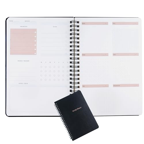 AMO HERMOSO Undated Weekly Planner A5 – Wochenplaner undatiert, Hardcover, 180 Seiten, 88-Wochen-Kalender mit To-Do-Listen & Habits Tracker, Spiralbindung, für Studium & Beruf, Schwarz