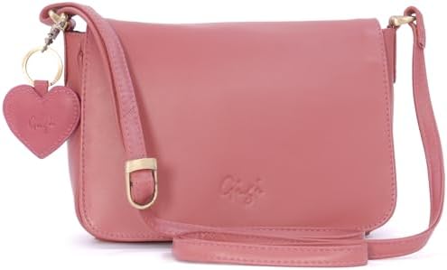 Gigi - Women's Small Leather Crossbody Bag - Flap Over Organiser Handbag - Multiple Pockets - With Heart Keyring Charm - OTHELLO 14578
