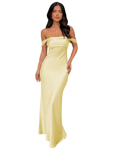 Lousare Women's Yellow Long Mermaid Bridesmaid Dresses Off Shoulder Prom Dress Pleated Satin Ruffles...