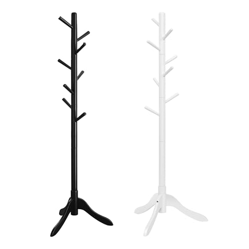 VASAGLE 2 Items Bundle - Solid Wood Coat Racks, Free Standing Coat Rack with 8 Hooks, 3 Height Options, for Living Room, Bedroom, Home Office, Cloud White and Ink Black URCR01WT and URCR001B