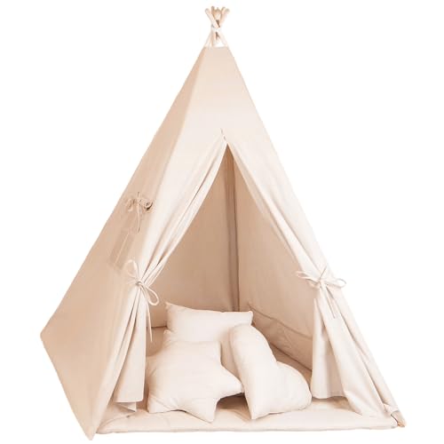 Tipi Infantil Carpa Tienda campaña Infantil - Tipi Indio para niños Carpa de Juegos Exterior Interior Modelo 2 con Alfombra de Juego y 3 Cojines Color Albaricoque