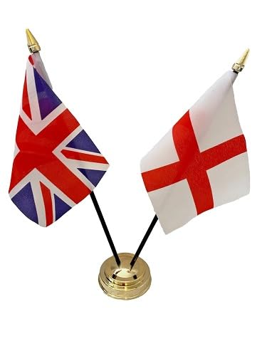 England St George Cross English & United Kingdom Union Jack Friendship 2 Flags Flag Table Desk Top Display Centrepiece & Gold Base Easy Assembly