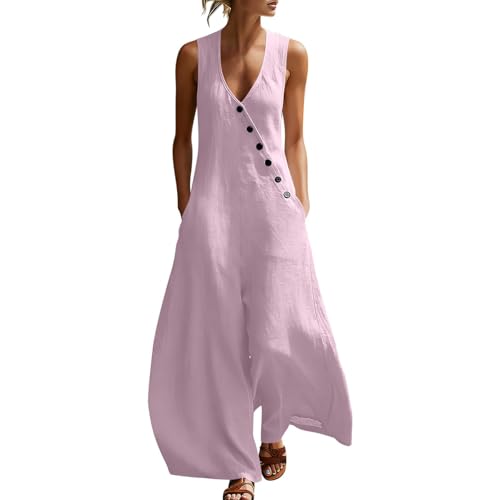 Overol de algodón y lino para mujer: frescura y estilo holgado con cuello en V para este verano