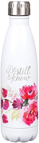 Christian Art Gifts Stainless Steel Double Wall Vacuum Insulated Laser Engraved Water Bottle: Be Still & Know - Ps. 46:10 Inspirational Bible Verse for Hot & Cold Beverages, White/Pink Floral, 17 oz.