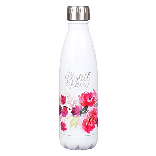 Christian Art Gifts Stainless Steel Double Wall Vacuum Insulated Laser Engraved Water Bottle: Be Still & Know - Ps. 46:10 Inspirational Bible Verse For Hot & Cold Beverages, White/Pink Floral, 17 Oz. #TOP19