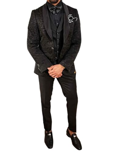 Ulnomio Men's 3-Piece Shawl Lapel Suit Jacquard Jacket Single Breasted Vest and Pants for Festive Activities