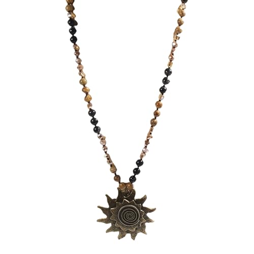 Collier pendentif soleil en pierre naturelle 8mm et sa chaine perlée vintage