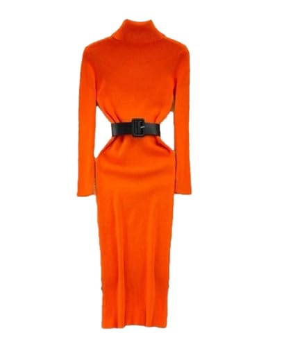 Women's Turtleneck Soft Knit Pencil Dress with Belt Warm Long