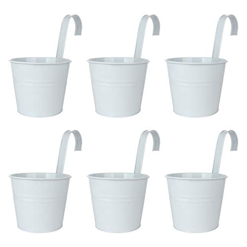 AK-XING Metall Eisen hängende Blumentöpfe für Zaun, 6 Stück Blumeneimer mit Haken & Ablaufloch, Weiß Blumentopf Hänge-Eimer für Balkon Garten Cover
