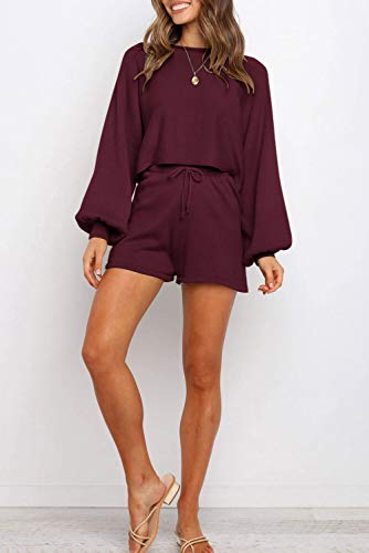 ZESICA Women's Casual Long Sleeve Solid Color Knit Pullover Sweatsuit 2 Piece Short Sweater Outfits Sets Wine