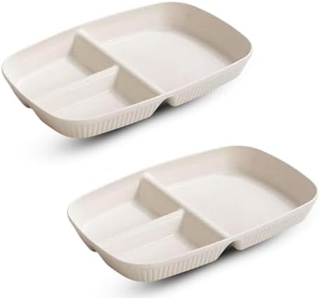 Japanese Style Wheat Straw Dinner Plates, Stylish Stripe Design, Divided 3-Compartment Rectangular Serving Dishes – Microwave & Dishwasher Safe Tableware for Dinner, Snacks & Parties