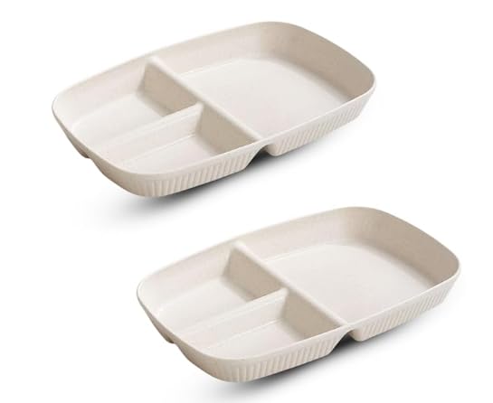 Japanese Style Wheat Straw Dinner Plates, Stylish Stripe Design, Divided 3-Compartment Rectangular Serving Dishes – Microwave & Dishwasher Safe Tableware for Dinner, Snacks & Parties