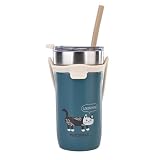 TOKYO ART KUSUGURU JAPAN Cute Cat Tumbler with Reusable Straw, 18.5oz Vacuum Insulated Travel Mug, Kawaii Japanese Design, Keeps Drinks Hot or Cold for Hours,Imported from Japan (Blue-Green)