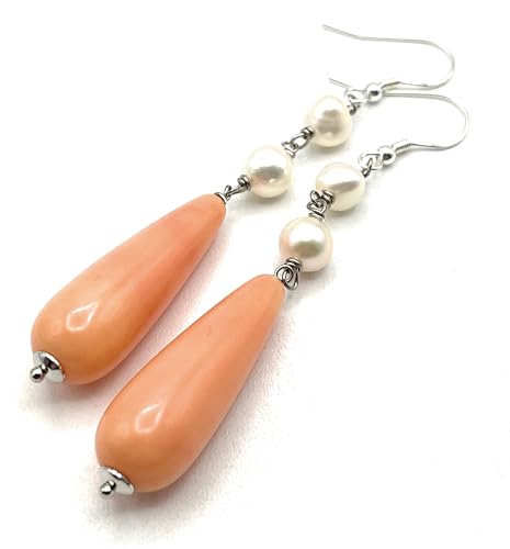 Boucles d'oreilles perles blanches d'eau douce et corail rose, artisanat d'Italie
