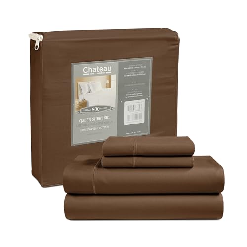 800 Thread Count Egyptian Cotton Sheets Queen Sheet Set Deep Pocket,100% Cotton Bed Sheets Queen Size Set, No Pill Soft & Comfy Naturally Cool Breathable Elasticated Sheet & Pillowcase Sets- Chocolate